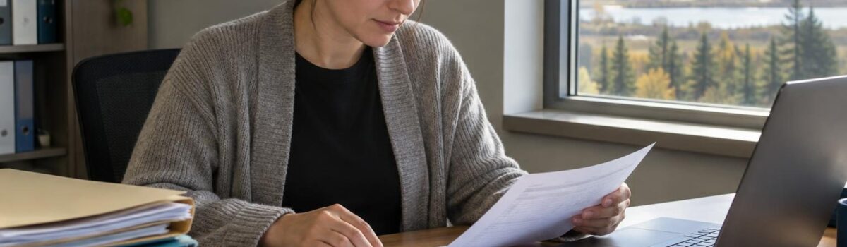 Production accountant reviewing printed meter reports at a desk