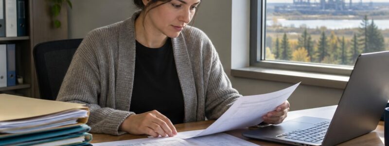 Production accountant reviewing printed meter reports at a desk